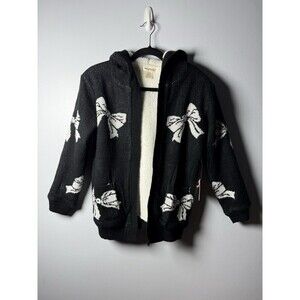 Sweet Stories Sherpa Open Front Hooded Black/White Bows Girls Sweater XL NWT